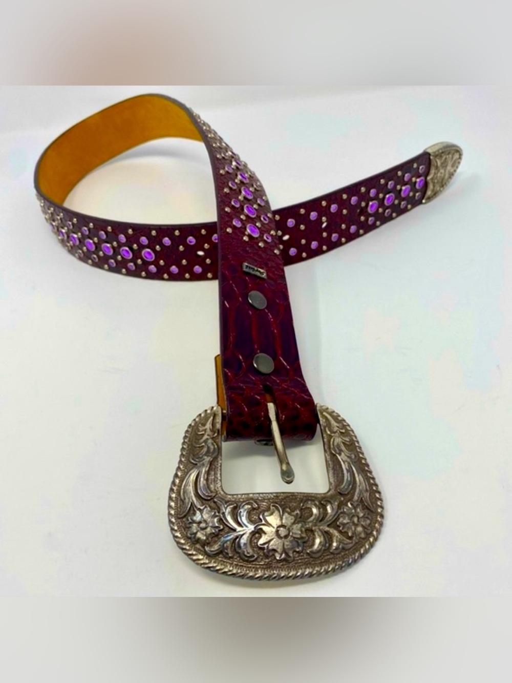 Ariat Sz S Burgundy Leather Purple Rhinestone Western Belt Silver Ornate buckle